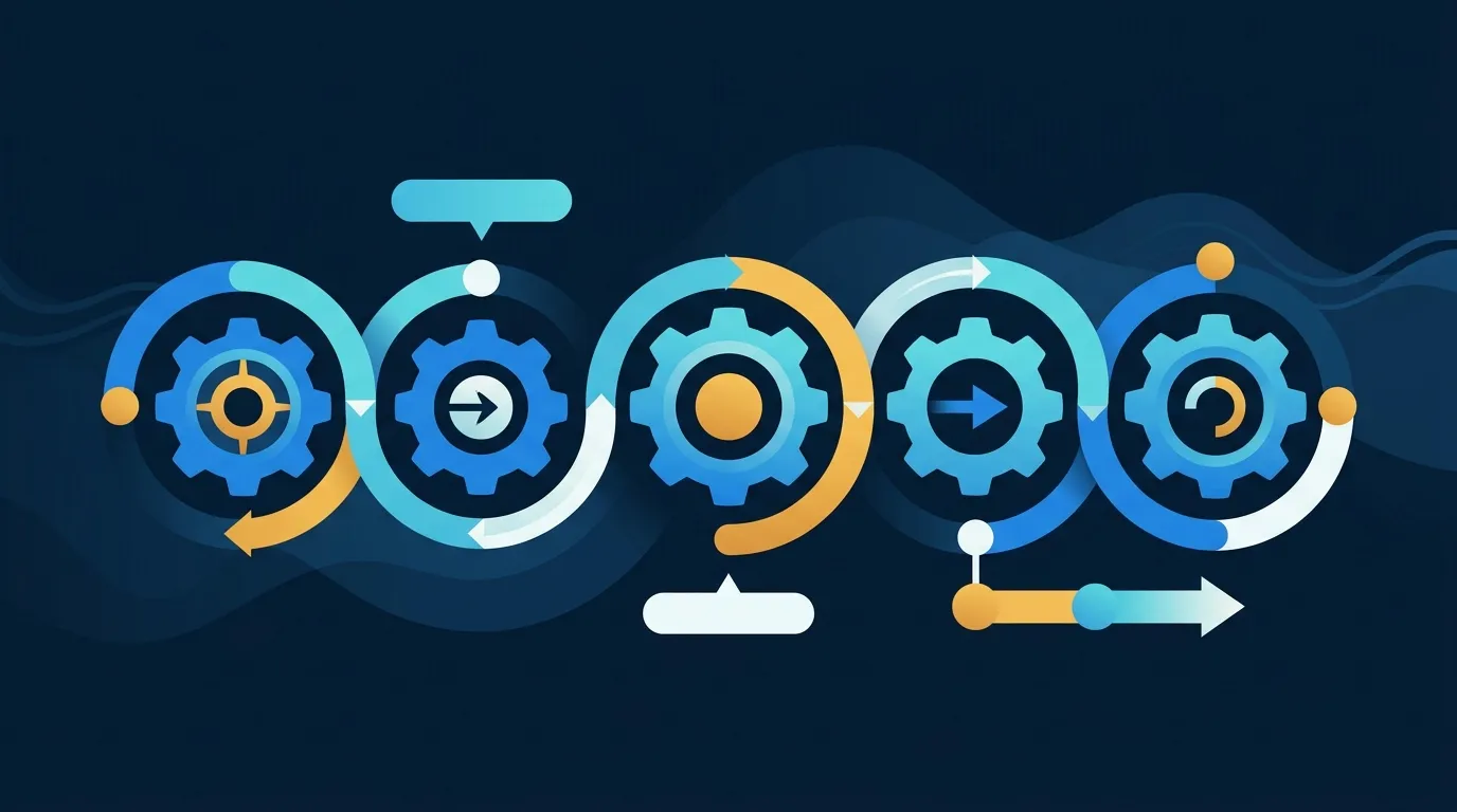 Five connected gears in sequence with directional arrows, representing five AI automations for a service business