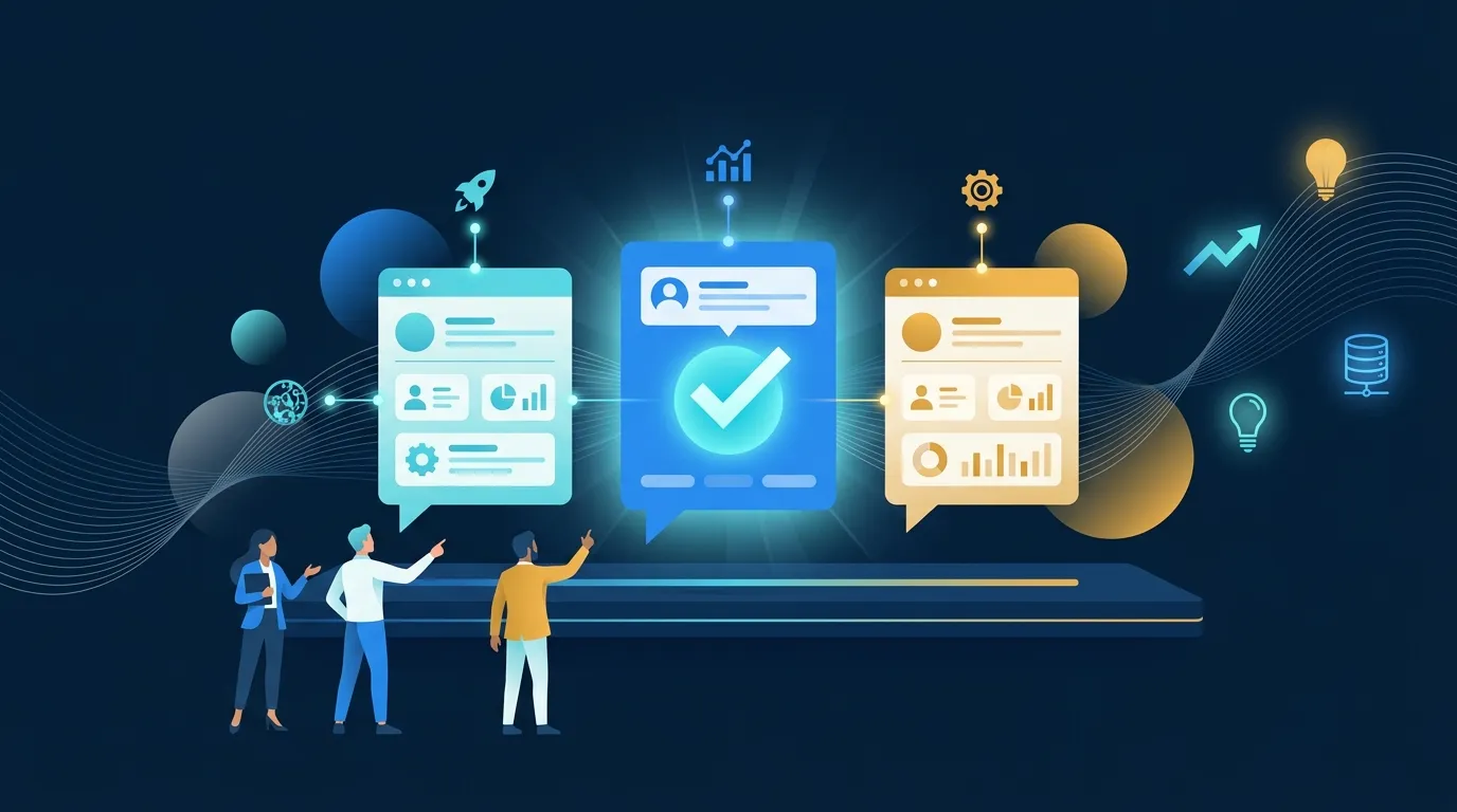 Three chatbot interface panels compared side by side with a checkmark, representing an AI chatbot buyer's guide