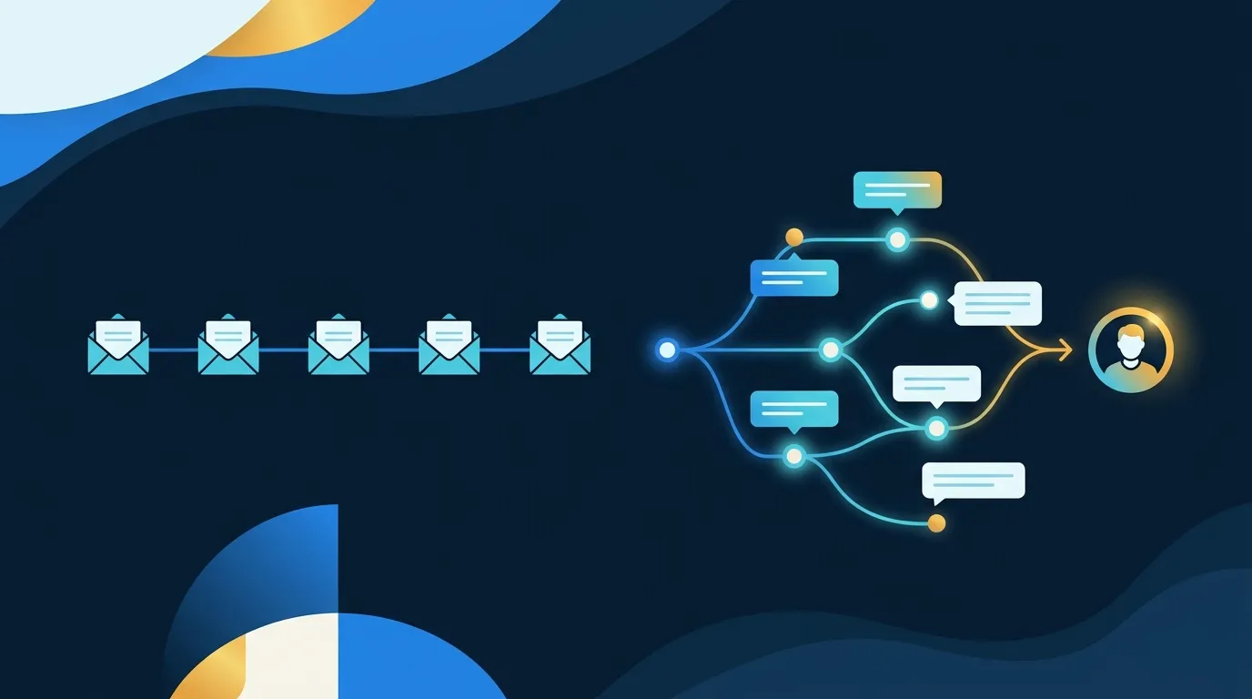 A linear email sequence beside a branching AI conversation flow converging on a single customer, contrasting email marketing with AI lead nurturing
