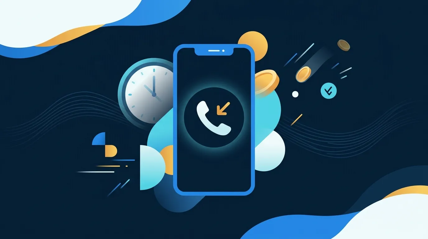 Smartphone showing a missed-call icon beside a clock and falling coins, illustrating revenue lost to unanswered calls